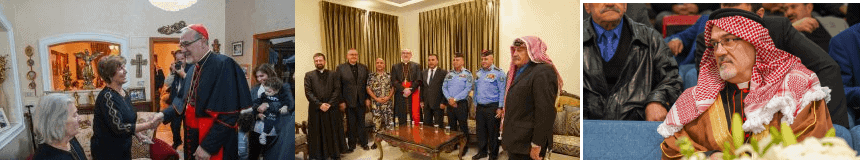 من اليمين: البطريرك باللباس الاردني ومع الجهات الامنية وفي زيارة المرضى