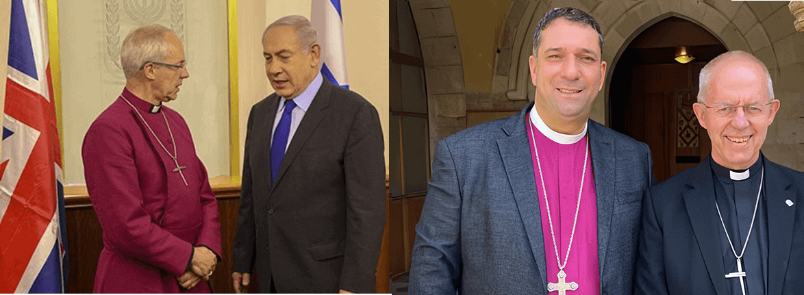 من اليمين كبير الاساقفة مع مطران القدس ناعوم والي اليسار مع رئيس وزراء الاحتلال Left with Israeli Prime Minister and right with Jerusalem Bishop