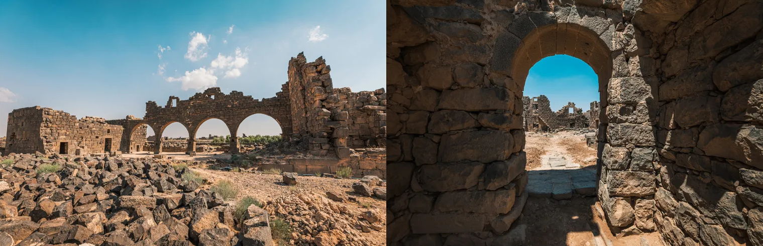 أقواس الكنيسة الغربية والجدار الغربي في موقع أم الجمال الأثري (هيئة تنشيط السياحة الأردنية، وكالة الأنباء الفرنسية)
