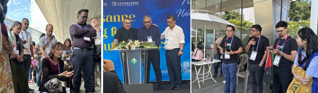 The photo in the center is of pastors praying for Dr. Jack Sara in the general meeting. On either side is the impromptu prayer meeting for Palestine