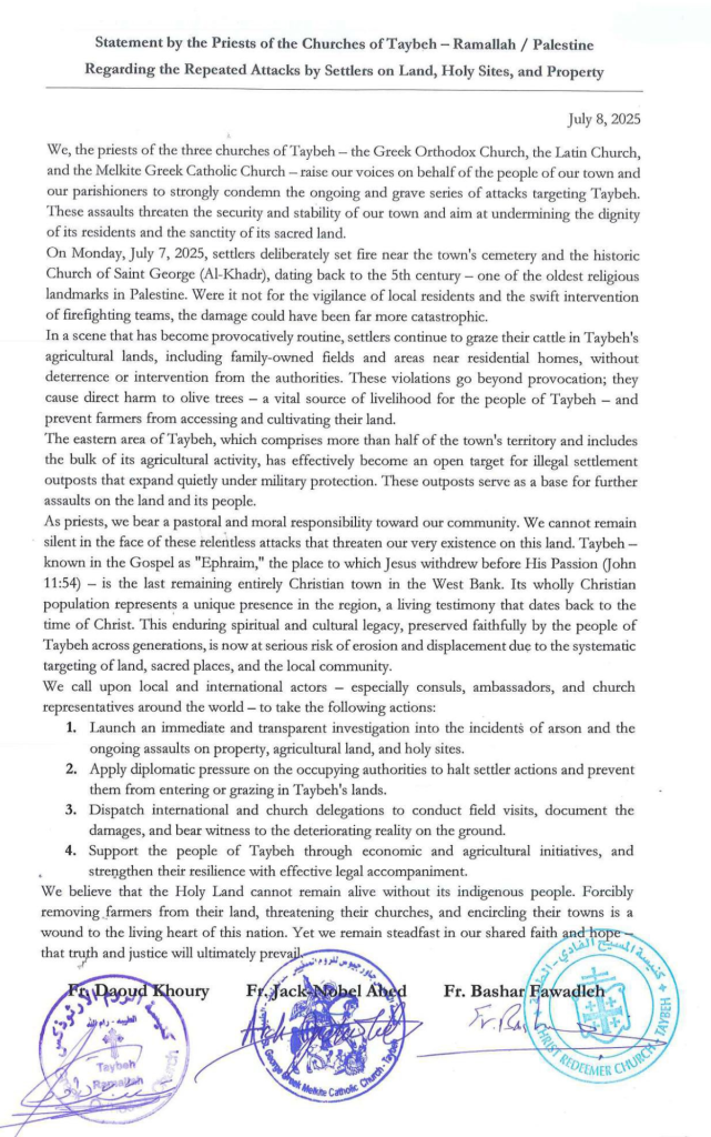 Statement by leaders of three churches from the Palestinian village of Tayebh