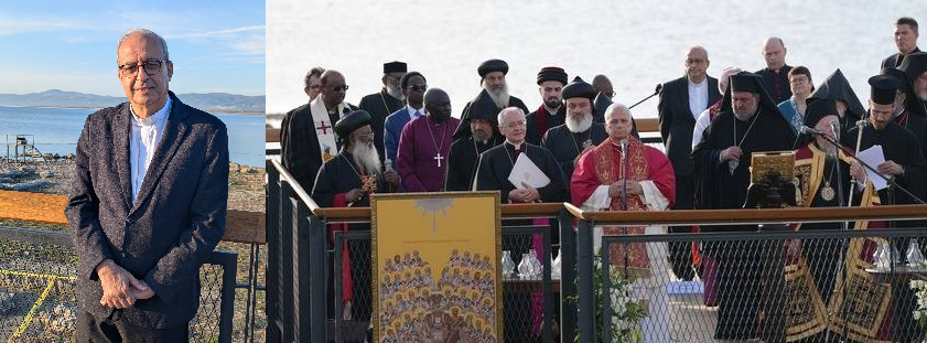 إلى اليمين رؤساء الكنائس في موقع مجمع نيقية، إلى اليسار القس بطرس منصور