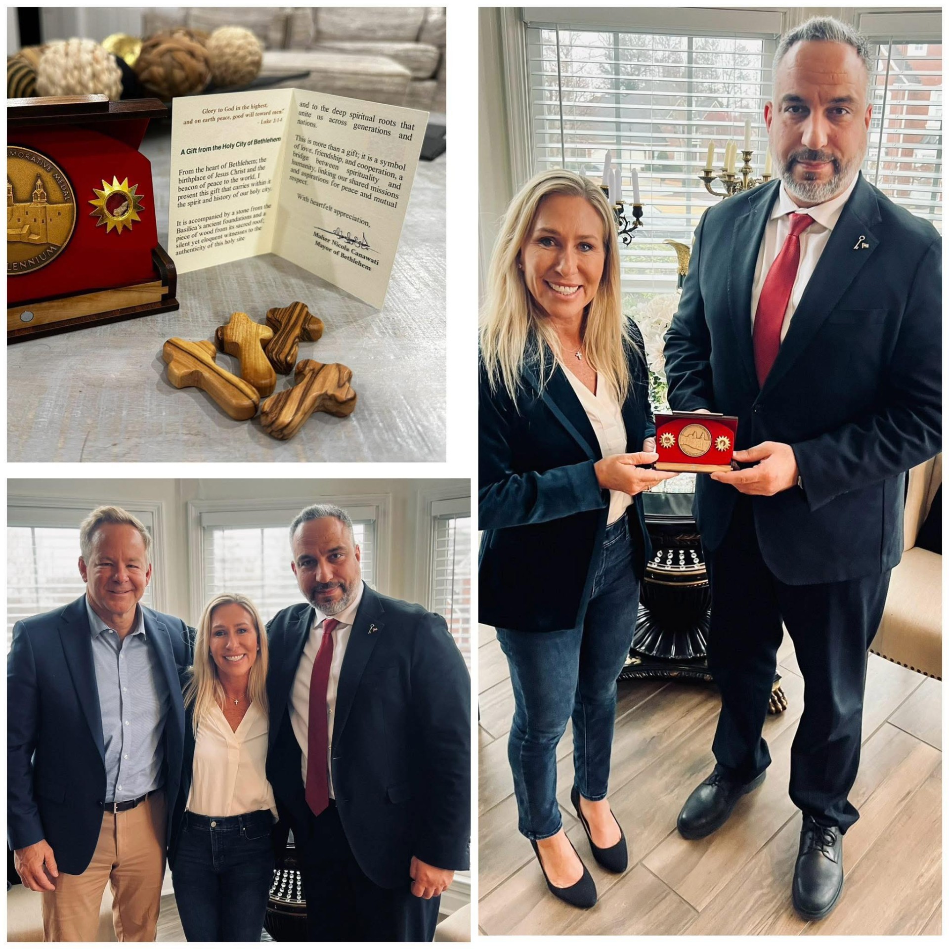رئيسُ بلديّة بيت لحم ماهِر نيقولا قنواتي مع عُضو الكونغرسِ الأمريكيّ مارجوري تايلور غرين
